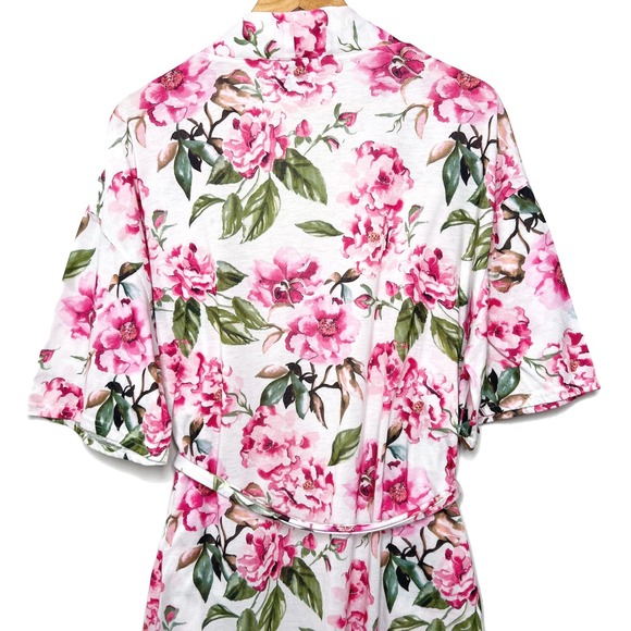 Show Me Your Mumu Women Floral Robe Pink White Botanical Short Sleeve Belted O/S - Picture 6 of 8